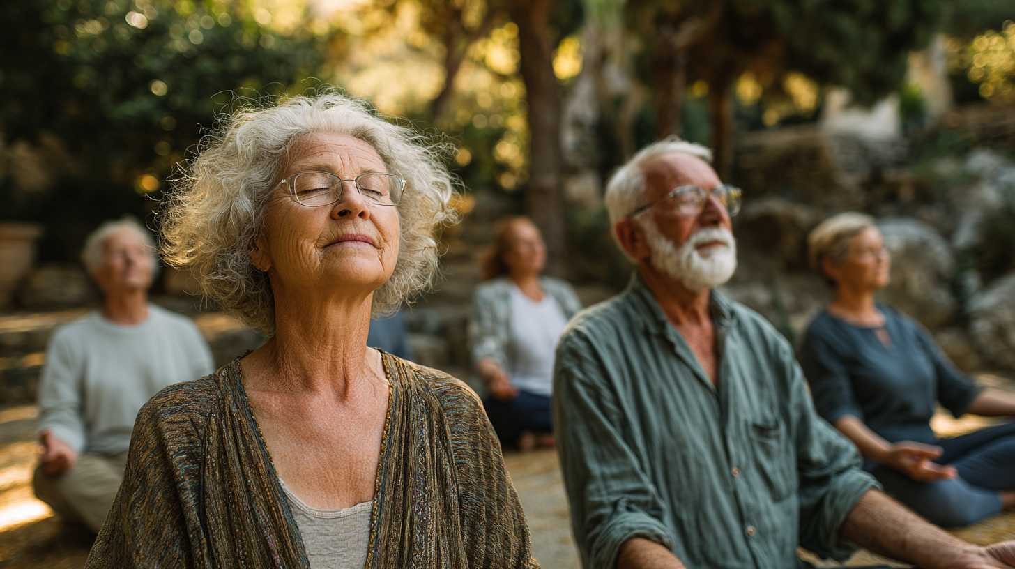 Група людей старшого віку практикує йогу на природі